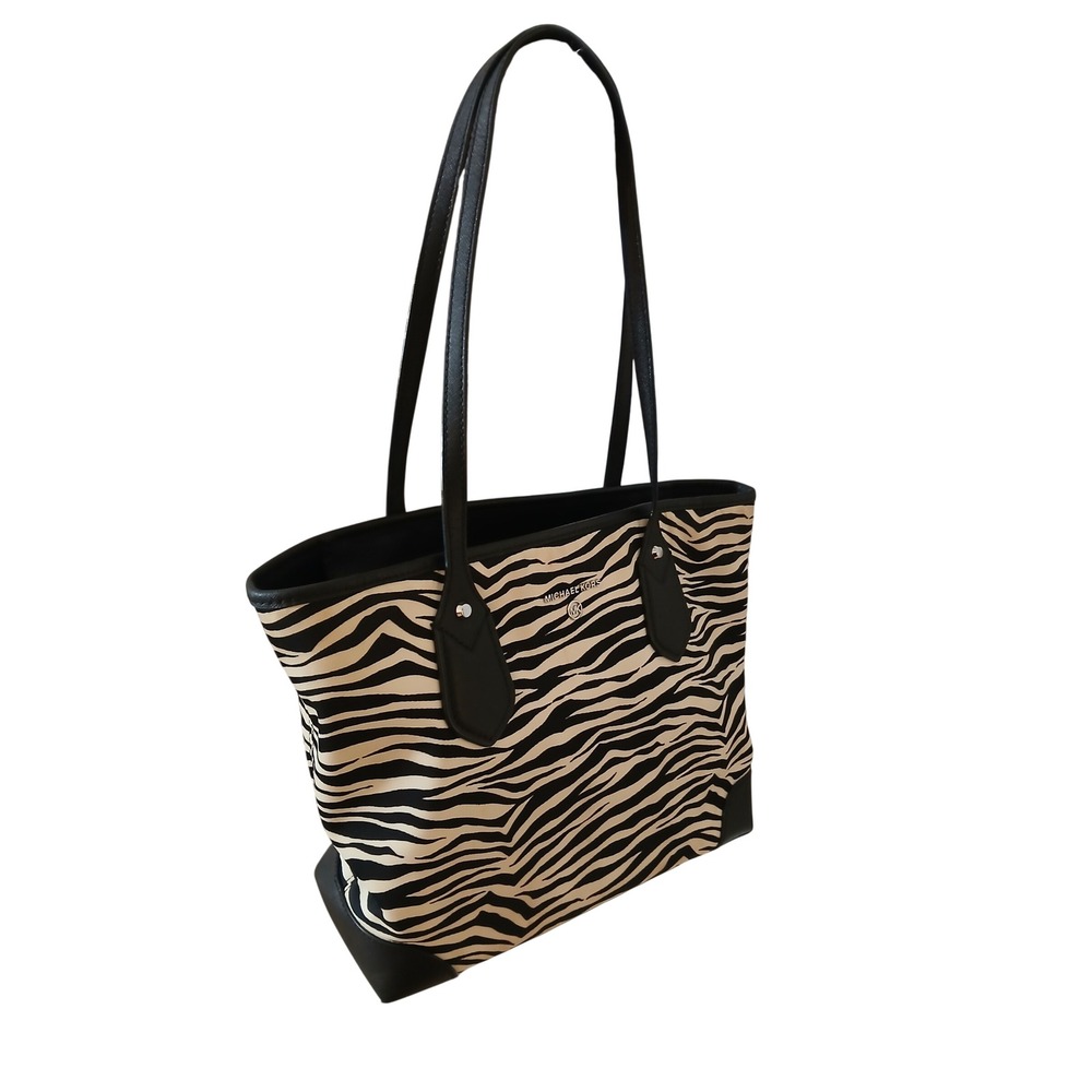 Michael Kors Zebra Print Small Tote Bag Black Cream Canvas Leather Purse